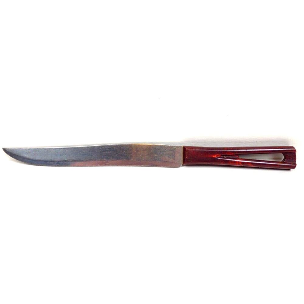 Vintage Bakelite Stanhome Stainless 12" Serrated Knife Hole Cutout Handle MCM